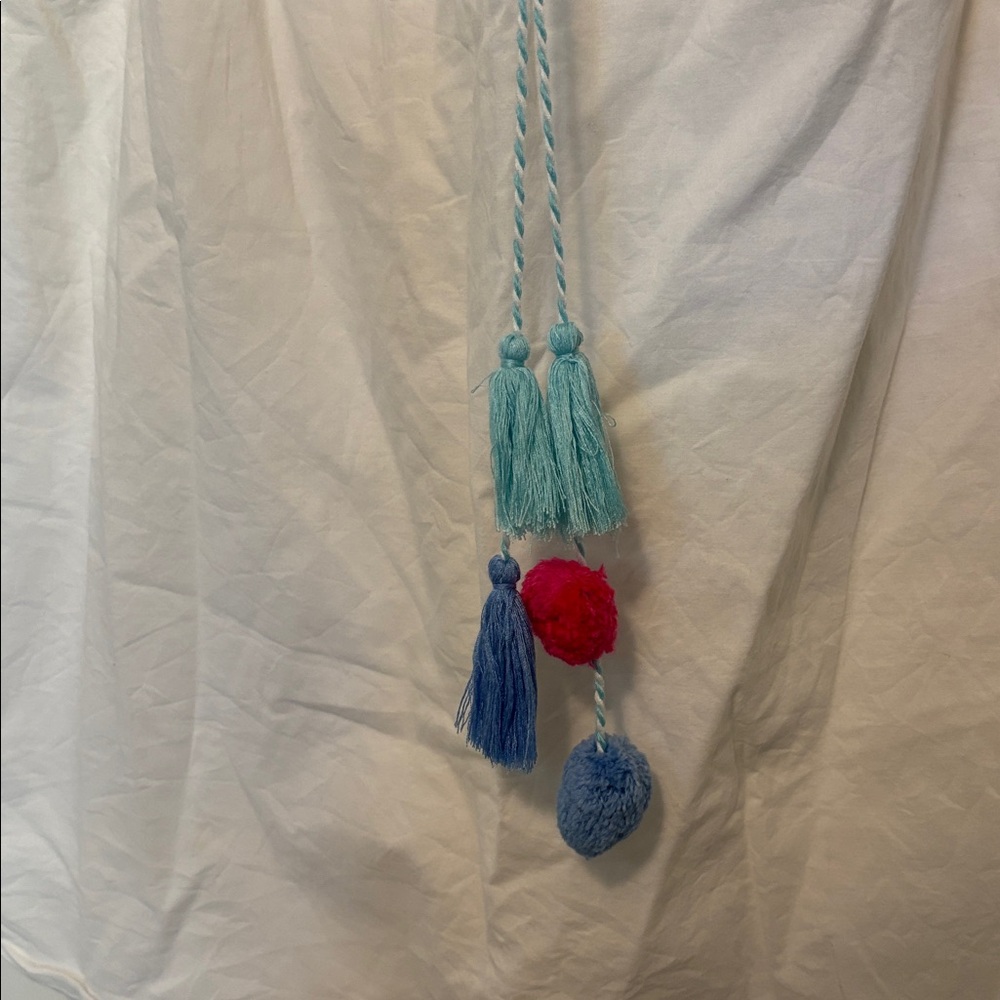 J. McLaughlin White Off-Shoulder Dress with Blue and Red Tassels - Picture 3 of 8